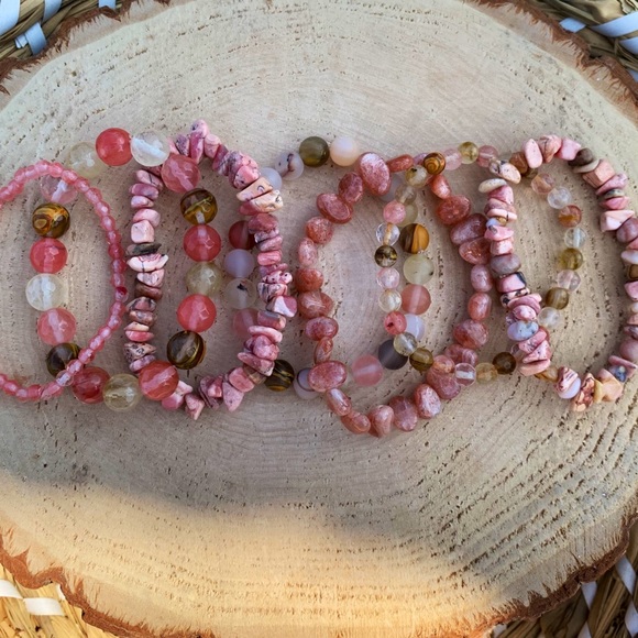 Natural Fire Cherry Quartz & Pink Rhodonite Gemstone Mixed Bead Bracelet Stack - Picture 8 of 10